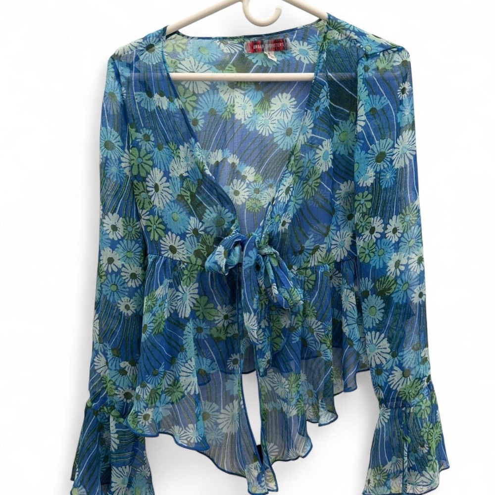 Sheer Blue Floral Tie-Front Blouse